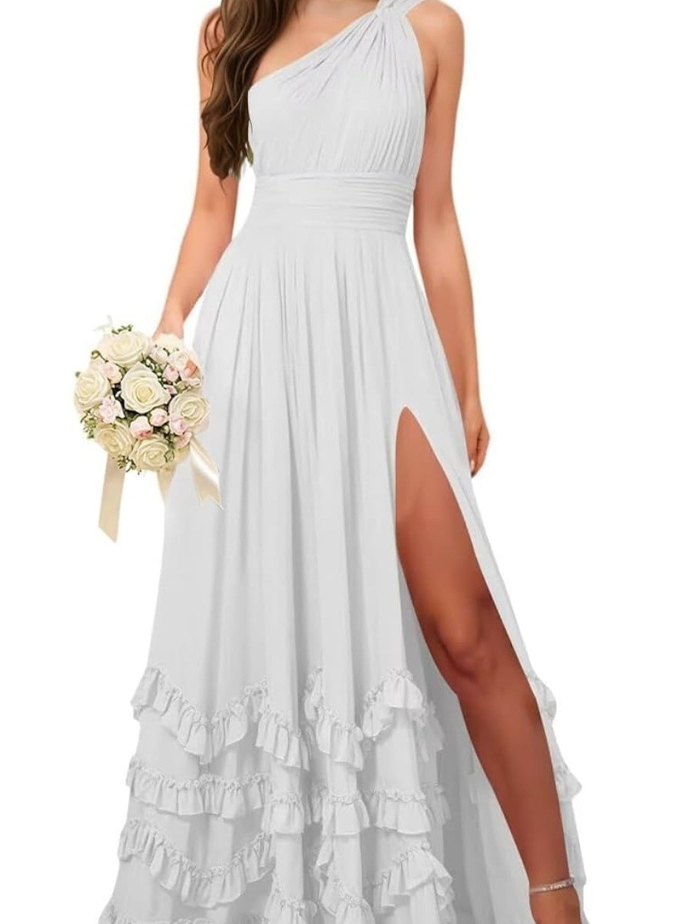 Sixsoon Elegant One-Shoulder White Maxi Dress with Side Slit and Ruffle Hem